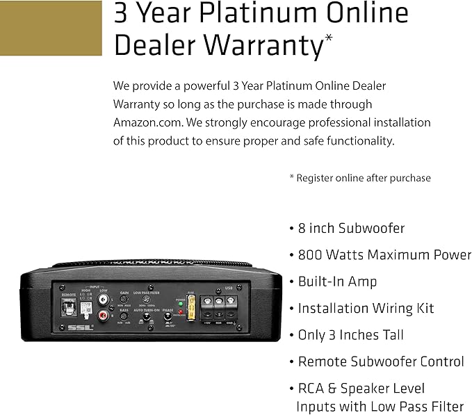 Sound Storm Laboratories US8K 8 Inch Under Seat Powered Car Audio Subwoofer - 800 Watts Max, Low Profile, Built in Amplifier, for Truck, Boxes and Enclosures, Remote Subwoofer Control