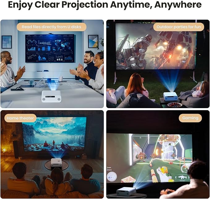 Mini Projector, 4K Support Projector with Wifi 6 and Bluetooth 5.2, 1000 ANIS Portable HD1080P Home Video Projector with Auto Focus, Suitable for Family Gatherings, Various Festivals (White)
