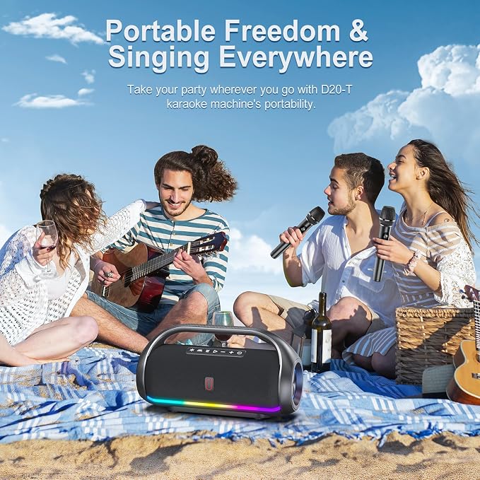 HWWR Portable Bluetooth Speaker with 2 Wireless Microphones, Loud Portable Speakers System, Deep Bass, Echo & Vocal Cut, IPX5 Water Resistant Outdoor Party PA Audio for Adults Kids Home Singing