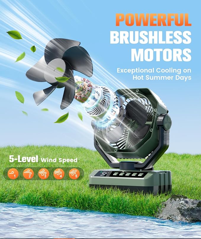 Camping Fan Battery Powered Fan - Rechargeable with Starlight, 20000mAh Battery Operated Outdoor 5 Speed Desk Fans with LED,Hook,Remote Control, Timer,Personal Fans for Tent, Power Outage, Fishing