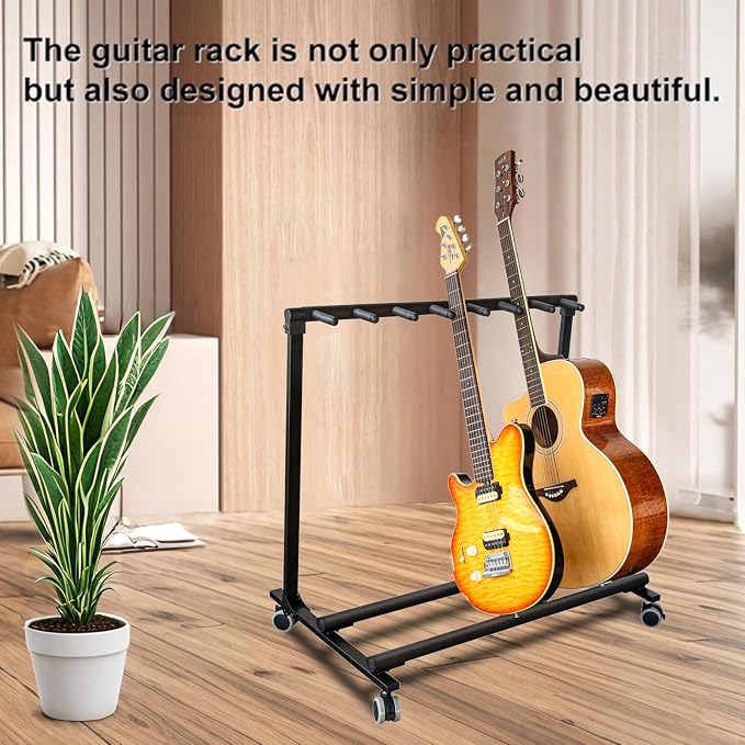 GarveeHome 7 Guitar Stand Rack with Wheels, Folding Design 7 Holder Multi Guitar Rack Guitar Rolling Stand Multiple Instrument Stage Studio Display Rack Movable for Acoustic Electric Guitar Bass
