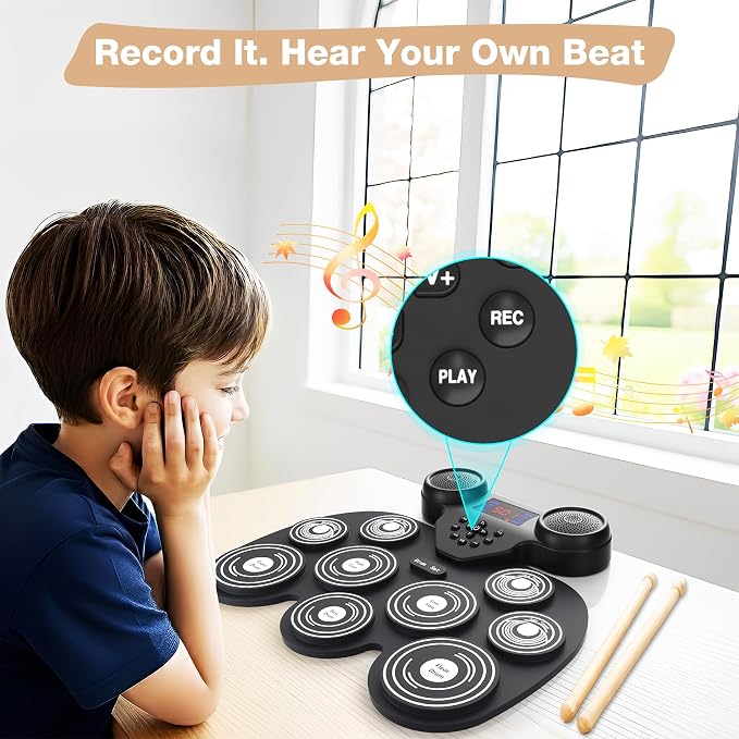 Electric Drum Set with 7 Colorful LED Light Patterns, Better Rebound Feel Electronic Drum Kit Featuring Bluetooth MIDI, 9 Drum Pads, and Dual Speakers, Christmas Birthday Gift for Kids Adult