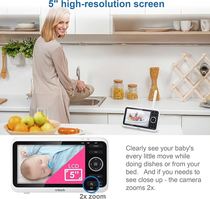 VTech Baby Monitor, No WiFi– 5" Color Screen, 12-Hour Battery, Night Vision, Temperature Sensor, 2-Way Talk, Lullabies, 1000ft Range | VM350