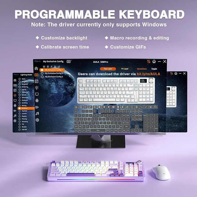 AULA S98 Pro Wireless Mechanical Keyboard with Screen & Knob, Tri-Mode Creamy Keyboard with Number Pad, Pre-lubed Linear Switches, Hot Swappable RGB Backlit Computer Gaming Keyboards for PC/Laptop