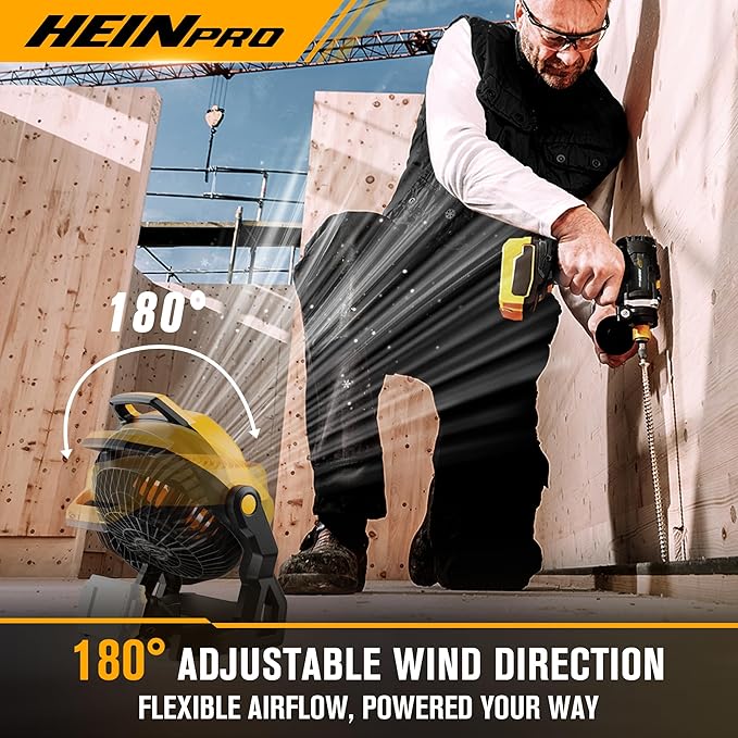 HEINPRO Portable Fan Battery Powered, Compatible with Dewalt 20V Max Battery, 650CFM Camping Travel Fan with Variable Speed, Silent Low Noise, for Workshop Garage Jobsite Use, AC Adapter Included
