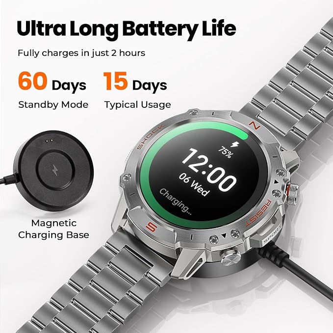 WalkerFit Silver Smart Watch for Men, Stainless Steel Band, 1.43" AMOLED Round Smartwatch, 5ATM Waterproof for Swim Run Hike Cycle, 170+ Sports Modes, Heart Rate SpO2, Sport Watch for iPhone Android
