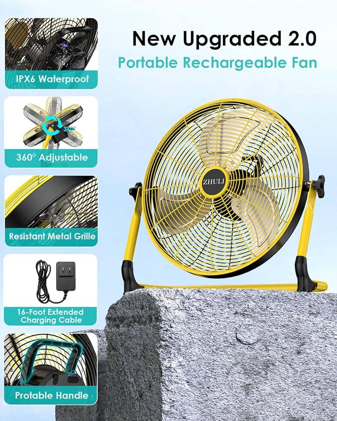ZHULI 14" Solar Fan, Portable Battery Operated Solar Fans for Outside, Rechargeable Cordless Camping Fan, 30W Solar Panel, Hi-Velocity Brushless Motor, Metal Blade, USB Phone Charge, Quiet, Wireless