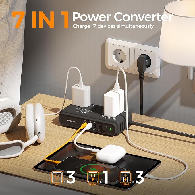 220V to 110V Converter, TESSAN Travel Voltage Converter with 4 USB Ports (1 USB C), 3 AC Outlet and EU UK AU IT Universal Travel Adaptor, Step Down Transformer Power Outlet Adapter Combo Black
