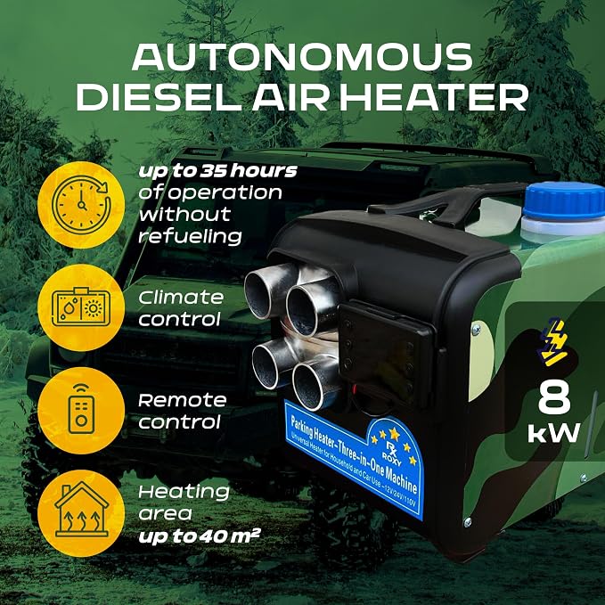 Diesel Air Heater 8KW 12V/24V/110V All-in-One Kit with LCD Control | Portable Parking Heater with 5L Tank for RV Truck Trailer Van Motorhome | Steady Warm Airflow for Camping Tent Garage | Khaki