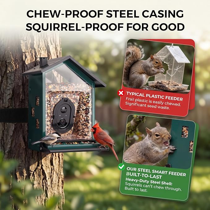 TT Nature Bird Feeder with Camera, Smart Bird Feeder with Heavy-Duty Chew-Proof Metal Casing, Solar Powered, AI Identify & Instant Notifications, 3.2L Large Capacity, Ideal Gift for Mother‘s Day