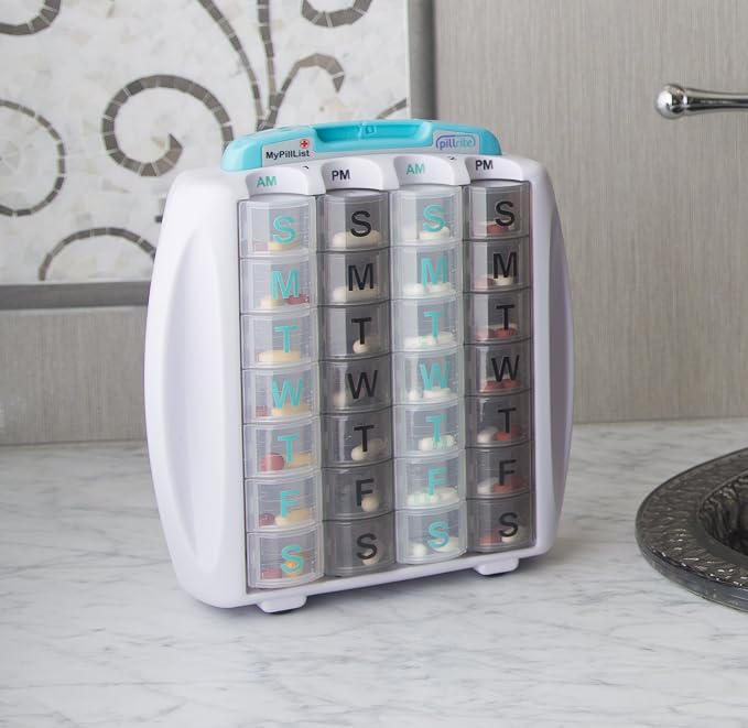 Medication and Supplement Pillbox Organizer, 3 ¾ in x 7 in - 28-Day Medicine Sorter - FSA and HSA Eligible – Monthly Medication Dispenser - Easy to Fill - 4-Week Pill Holder - Travel Friendly