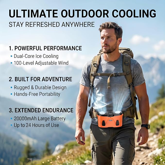 20000mAh Wearable Waist Fan, USB Rechargeable Personal Fan with 10 Wind Speeds, Dual Motors Portable Clip On Fan, Hands Free Cooling Fan for Outdoor Working Camping Travel (Orange)