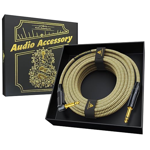 AA AUDIO ACCESSORY Gold Series Right Angle Guitar Cable 25 ft (Gold-Plated Neutrik Connectors) 16 AWG, Kevlar Reinforced Braided 1/4 Instrument Cord for Electric Amp Bass, 100% Shielded, Yellow/Black