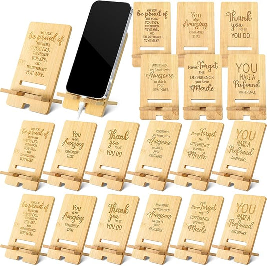 Ripeng 12 Pcs Employee Appreciation Gifts Bulk Bamboo Phone Stand for Desk Office Worker Thank You Gift for Administrative Team Coworkers Staff Graduation Nurse Teacher Week (Assorted Inspirational)