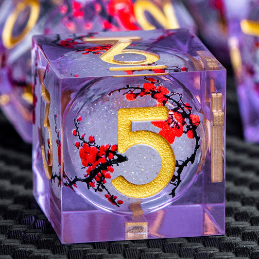 ARUOHHA DND Resin Dice Plum Blossom Liquid Core Golden Purple Sharp Edged Dragons Polyhedral Dice Set with Gift Box, Dungeons D and D Dice Set Role Playing Game D20 D12 D10 D8 D6 D4