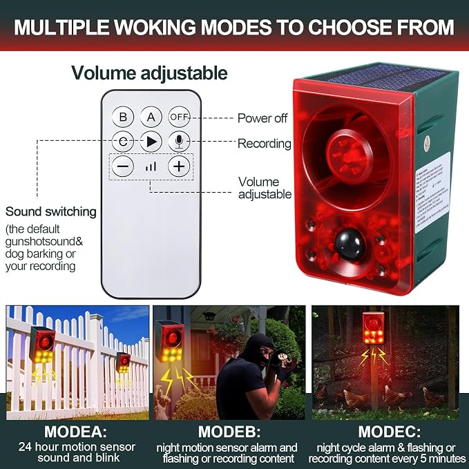 Qualirey Solar Outdoor Motion Sensor Alarm Animal Deterrent Gunshot Sound Dog Barking Alarm 130dB Loud Noise Maker 3 Modes with USB Remote Control Support Recording and Volume Adjustment(2 Pcs,Red)