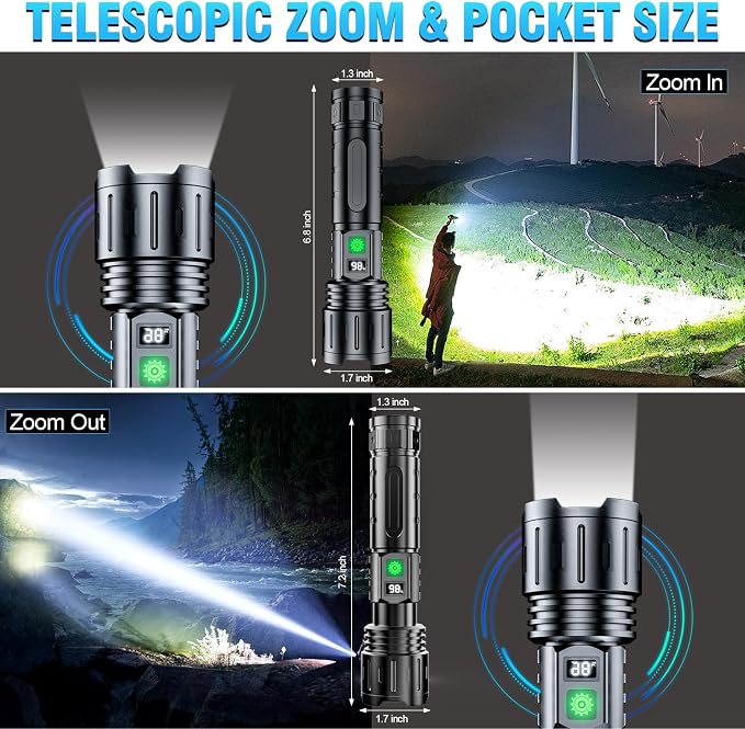 Hoxida Flashlights 2000 High Lumens Rechargeable - 1500 Meters Long Beam Super Bright LED Flash Light with Power Display & IPX5 Waterproof for Camping, 20H Runtime,5 Modes,Zoomable with Belt Holsters