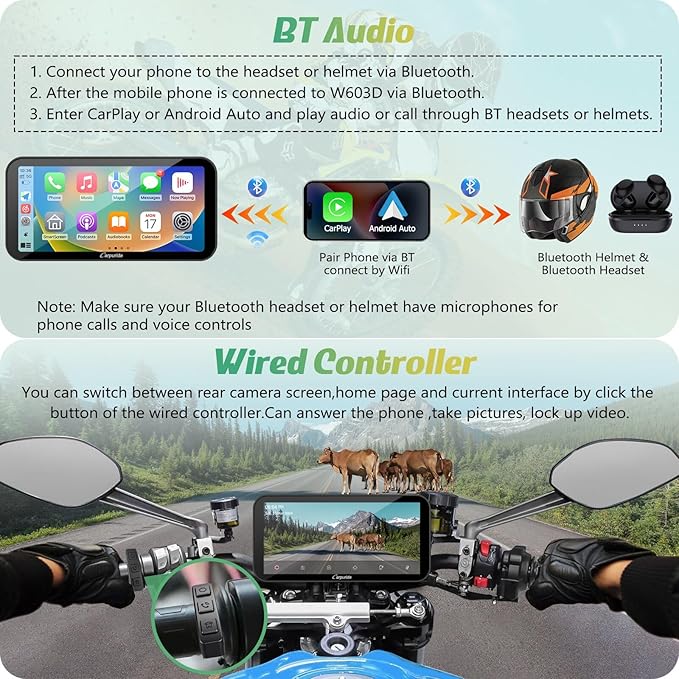 Carpuride W603D Motorcycle GPS Carplay Screen, Wireless CarPlay & Android Auto for Moto, with HD 1080P Dual Cameras, Remote Control，6.3" Waterproof Touchscreen, BT Aduio, Loop