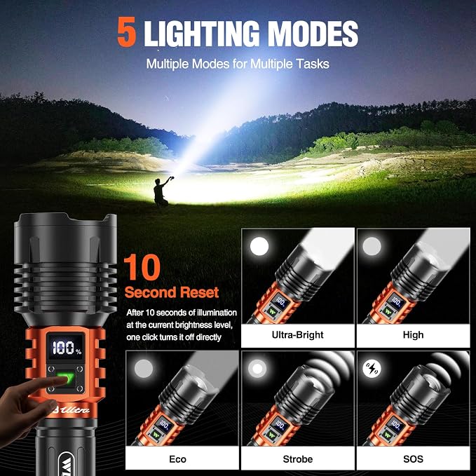 Wdtpro Rechargeable LED Flashlights High Lumens, Super Bright 90,000LM Rechargeable Flashlight with LCD Display, 5 Modes & Waterproof Powerful 10000mAh Handheld Flashlight for Camping Emergency Orange