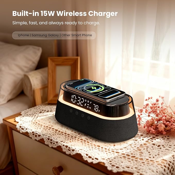6-in-1 Bluetooth Speaker Alarm Clock with Remote, FM Radio & Dimmable LED Night Light, 15W Fast Wireless Charger, Dual Digital Clock for Bedroom Home Office, Ideal Gifts for Him, Men Women