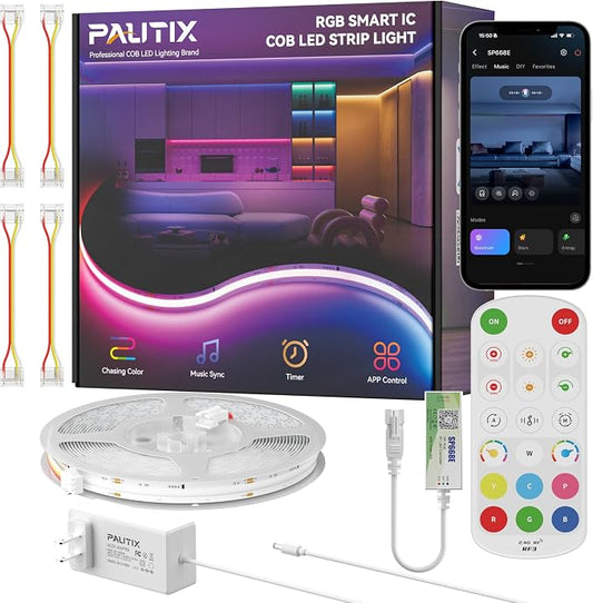 PAUTIX COB LED Strip Lights Pro, UL-Listed RGB Smart IC Chasing Color Addressable COB LED Tape Light, Music Sync Flexible RGB LED Lights, Smart Strip Light, for Party, Bedroom, Color Changing, 32.8ft