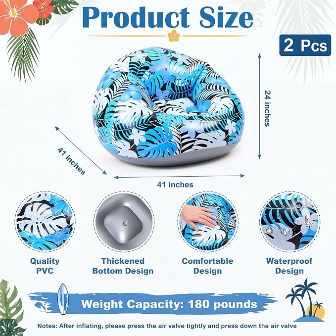 Capoda 2 Pack Hawaiian Inflatable Chairs with Electric Air Pump, Tropical Leaf Blow up Sofas for Adults, Portable PVC Lounge Seat for Beach Pool Camping Dorm Reading Gaming Travel Indoor Outdoor, Blue