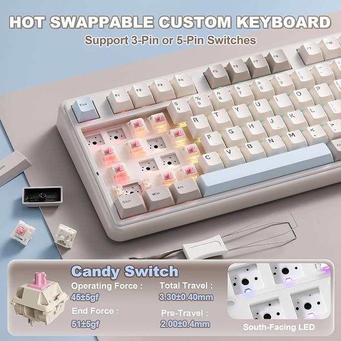 YUNZII B98 PRO QMK/VIA Wireless Mechanical Gaming Keyboard,96% Layout with Numpad and Cute Cat Knob, BT/2.4G/USB-C,Linear Switch Hot Swap Gasket,RGB for Win/Mac (Beige, Candy Linear Switch)