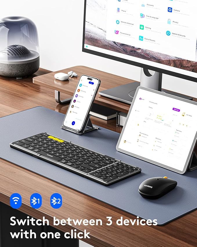 Foldable Keyboard and Mouse, Samsers Folding Bluetooth Keyboard Combo, 2.4G + BT5.0 x 2, Full-Size Portable Travel Keyboard & Rechargeable Wireless Mouse for Windows Android iOS Mac OS, Gray Black