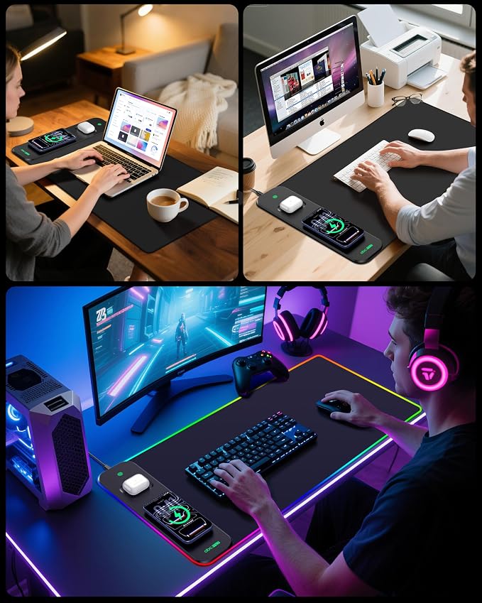 RGB Gaming Mouse Pad with Wireless Charging for Phone/AirPods, 31.5"x15.8" Large, 24 Light Effects, Non-Slip Base, Waterproof Ultra-Smooth Surface, No Adapter