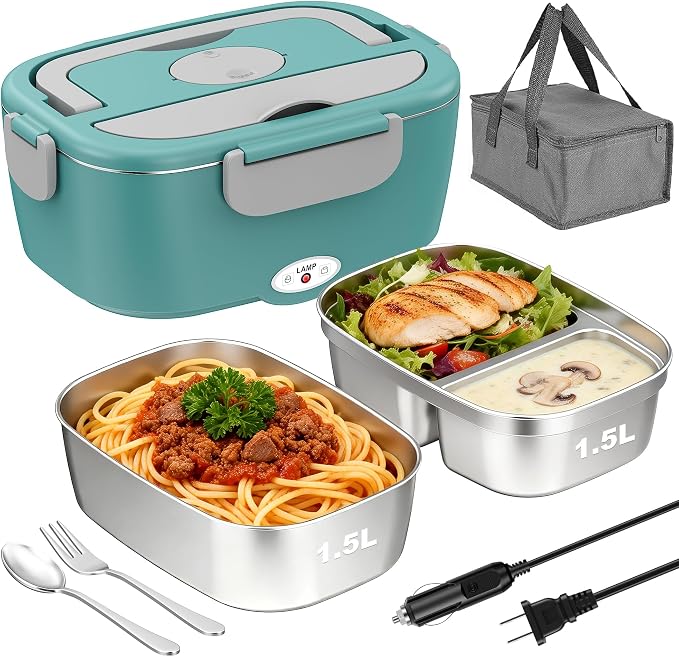 80W Electric Lunch Box Food Warmer for Car/Truck/Office, 110V/24V/12V Portable Heated Lunch Box for Adults, Dual 1.5L Stainless Steel Containers, Leak-Proof & Fast Heating, 3-in-1 Design