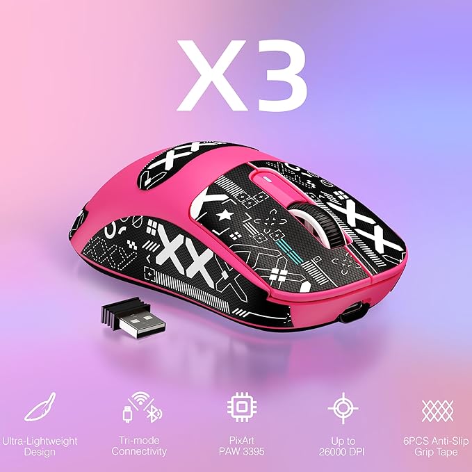 MANBASNAKE × ATTACK SHARK X3 Wireless Gaming Mouse, 49g Lightweight Triple Mode Ergonomic Computer Mouse, PAW3395 26K DPI Sensor,200h Battery Life, Griptape Programmable Buttons for PC/Mac/Win (Berry)