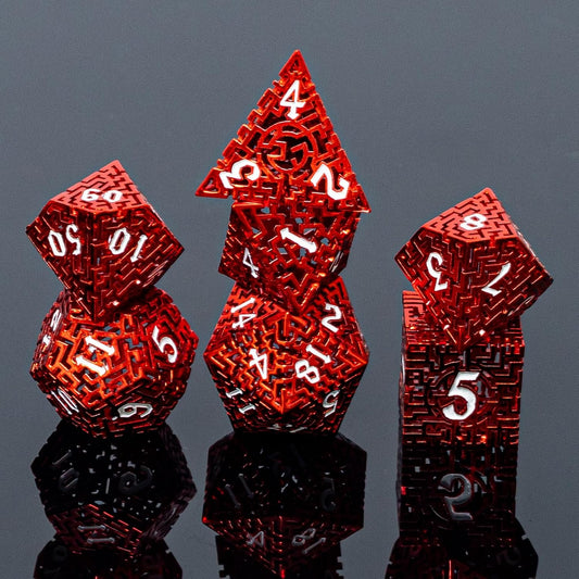 Red Metal Hollow DND Dice Set (Barbarian) Metallic Luster Maze Design with Storage Box - Balanced Weight 7 Piece Zinc Alloy, Designed for Dungeons and Dragons DM and Player RPG Accessories