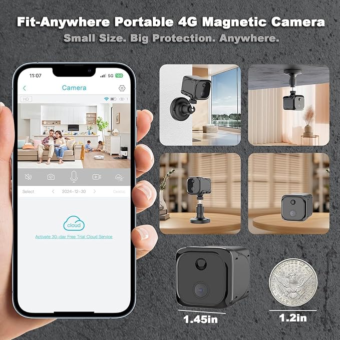 4G LTE Cellular Small Security Camera, No WiFi Security Camera with Night Vision, PIR Motion, SIM Card, 20-Day Battery Standby, Portable Magnetic Survelliance Cam for RV, Indoor, Barn, Farm