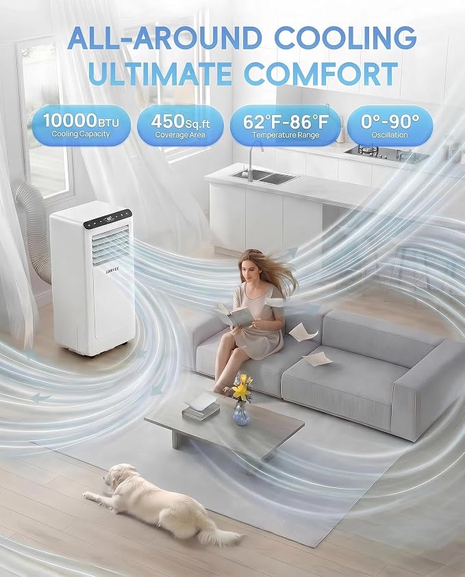 Garvee 10000BTUs Portable Air Conditioner for 450 Sq.Ft Max.Portable AC Unitwith Dehumidifier, Fan, Sleep, 24H Timer&Installation Kit, DOE Certified, Ceer 6.6,48dB,Remote Control,White