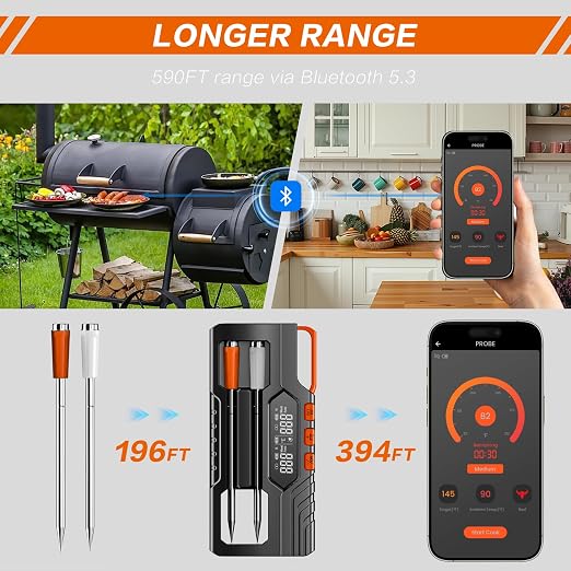 Foricom Smart Bluetooth Wireless Meat Thermometer, Instant Read Digital, Waterproof, 500ft Range, Dual Sensor Accuracy for BBQ, Grilling, Oven, Smoker, Ideal for Meat, Kitchen and Outdoor Cooking