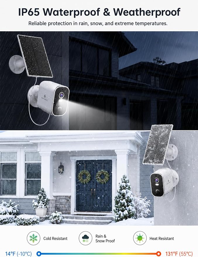 SYMYNELEC 2K Solar Security Cameras Wireless Outdoor, 4-Pack | No Monthly Fee, 100% Wire-Free, Color Night Vision, PIR Person Detection, IP65 Waterproof, Compatible with Alexa, 2.4GHz WiFi