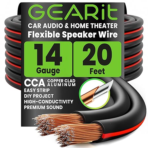 GEARit 14 Gauge Speaker Wire 20 ft,Flexible Speaker Cable with Foot Markers & Polarity Markings,14 Gauge Wire for Car Audio & Home Theater Speakers,Audio Cable for DIY Installations,CCA(Black)