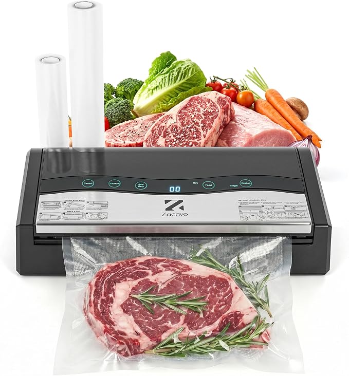 Vacuum Sealer for Food, 90kPa Auto Lock Food Sealer Machine, with Bag Rolls | Hands-free Auto Lock, 80+ Bags Continuous Sealing, 8mm Double Heat Seal for Moist Foods, Built in Cutter & Roll storage