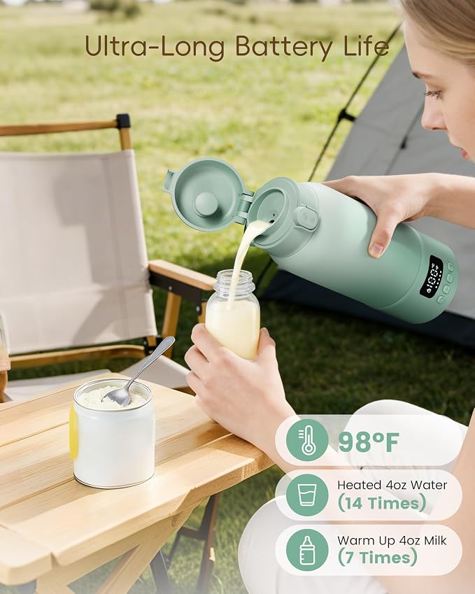 Portable Bottle Warmer for Travel, 17oz Large Capacity, 2-Min Fast Heating, Keep Warm Function, Long Battery Life, Ideal for Heating Breast Milk and Water On-the-Go, Green