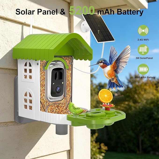 NEEZUKAR Smart Bird Feeder with Camera Solar Powered, AI Species Identification, 2K HD Video, Instant Arrival Alerts, Weatherproof Design for Outdoor, Best Gift for Bird Lovers(Green)