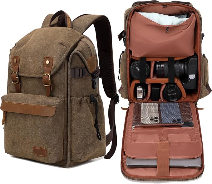 Vintage Canvas Camera Backpack (Coffee Brown) for DSLR/Mirrorless & Drone, Waterproof Photography Bag with 16" Laptop Compartment, Large Capacity Travel Camera Bag for Photographers