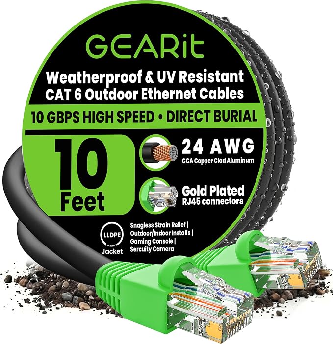 GEARit RJ45 Cat-6 Ethernet Patch Cable, 10Gpbs Transfer Speed, Gold-Plated Connectors, Copper Clad, Outdoor, UV Resistant, Direct Burial, Waterproof, Durable, 10 Foot (3.1 Meters), Black