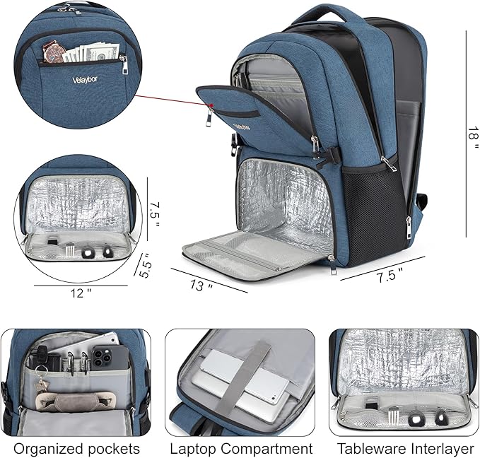 Insulated Lunch Backpack Fit 17" Laptop, Work Backpack with Lunch Box for Men & Women, Water Resistant College Computer Bag for Travel, Business, Hiking