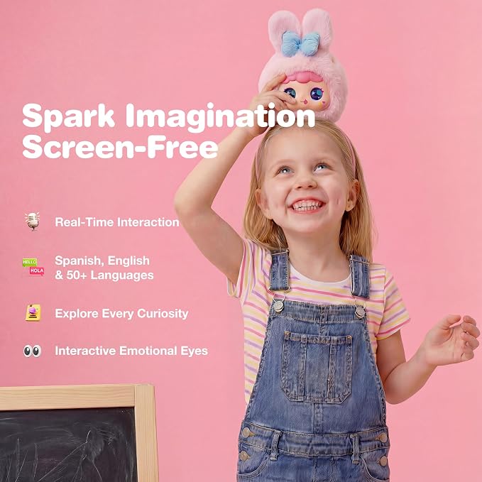 Interactive AI Smart Plush Toy - Soft Talking Companion, Emotional Eyes, Screen-Free Multilingual Learning, Bedtime Storyteller, White Noise, Parental Control App, Gift for Kids 3+, Rabbit