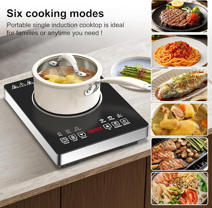 Single Burner Induction Cooktop,Hot Plate with 6 Cooking Modes, portable cooktop with LCD touch control,9 Levels &3H Timer,1800W 110V Portable induction Cooktop