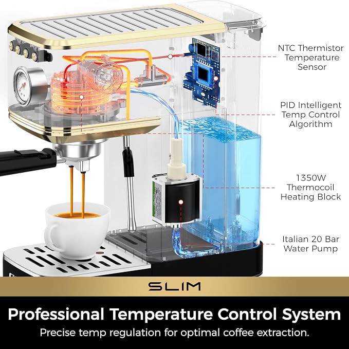 CHULUX Slim Espresso Machine with Milk Frother, 20 Bar Professional Italian Pump Espresso Coffee Machine for Home Cappuccino & Latte Maker, Stainless Steel, Black and Gold