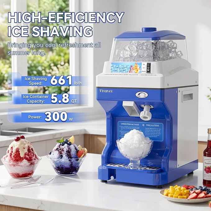 Electric Ice Shaver Machine, 300W Shaved Ice Machine, Thickness Adjustable Snow Cone Maker Machine 661LBs/hr Ice Crusher for Bar Parties Events Snack, Home and Commerical Use Blue(5.8Qt)
