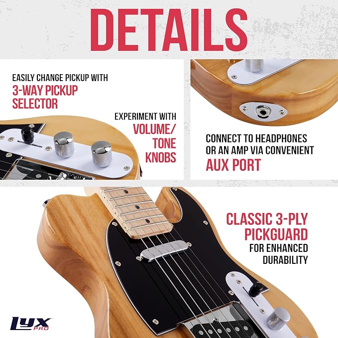 LyxPro 30” Electric Guitar TL Series, Full-Size Paulownia Wood Body, 3-Ply Pickguard, C-Shape Neck, Ashtray Bridge, Quality Gear Tuners, 3-Way Switch & Volume/Tone Controls, 2 Picks Included, Natural