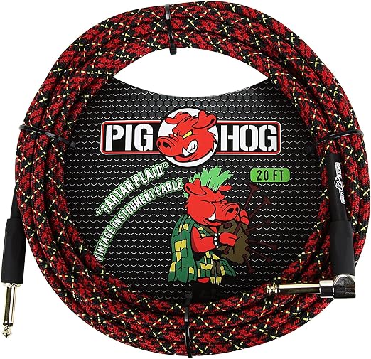 Pig Hog PCH20PLR Right-Angle 1/4" to 1/4" Tartan Plaid Guitar Instrument Cable, 20 Feet