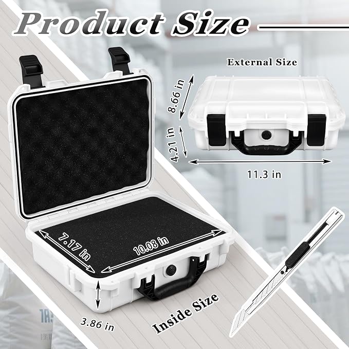 Relaxweex 1 Pcs Waterproof Hard Case with DIY Customizable Foam Insert Portable Protective Case with Knife for Camera Drones Equipments Tools Test Instruments(White,11.3 x 8.7 x 4.2 Inch)